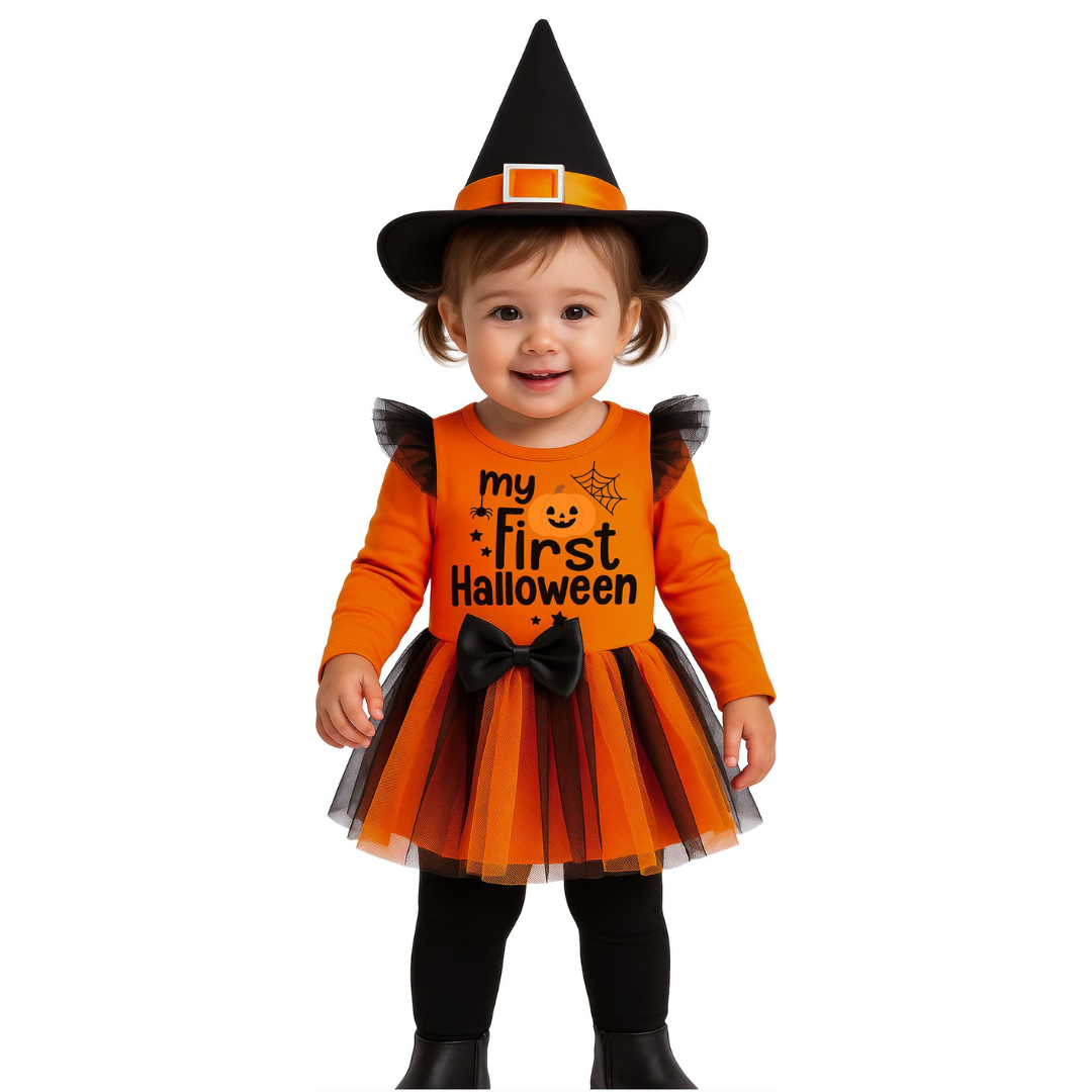 Bebé com fantasia de Halloween vestindo vestido laranja e preto com texto my first Halloween e chapéu de bruxa preto.