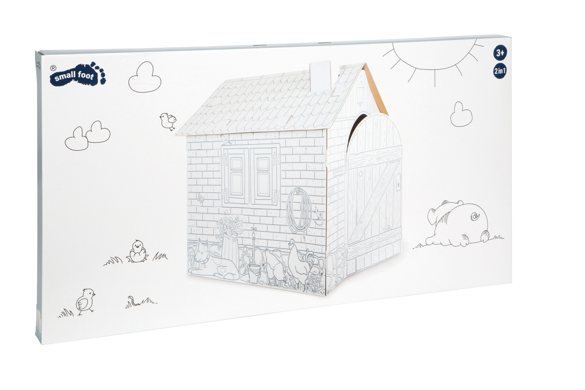 Embalagem de brinquedo casinha desenhada com texto small foot e símbolos 3+ e 2in1.