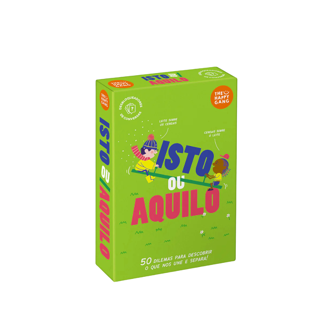 Caixa verde de jogo de cartas ISTO ou AQUILO com ilustração de crianças numa gangorra