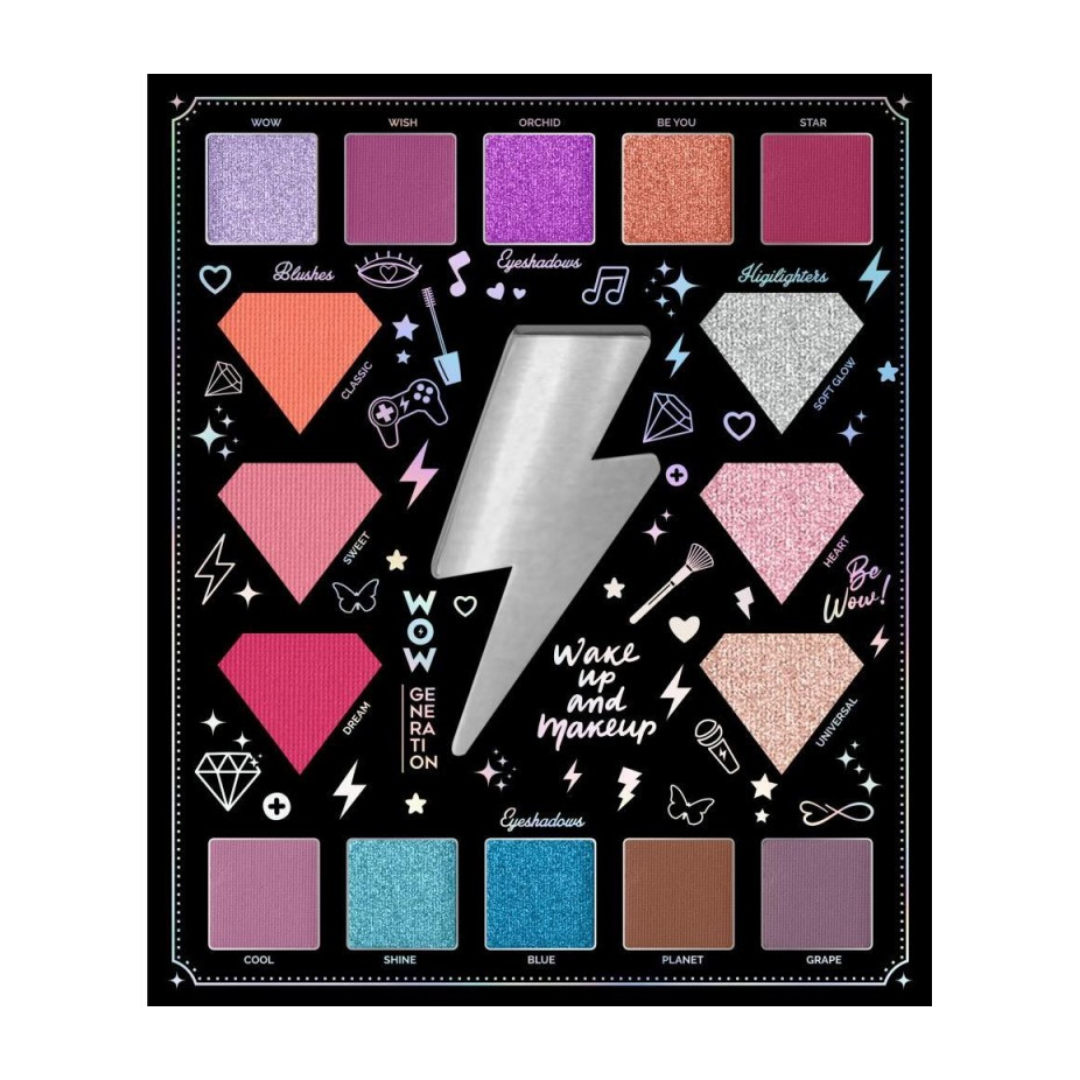 Paleta de maquilhagem colorida com sombras e iluminadores e texto decorativo