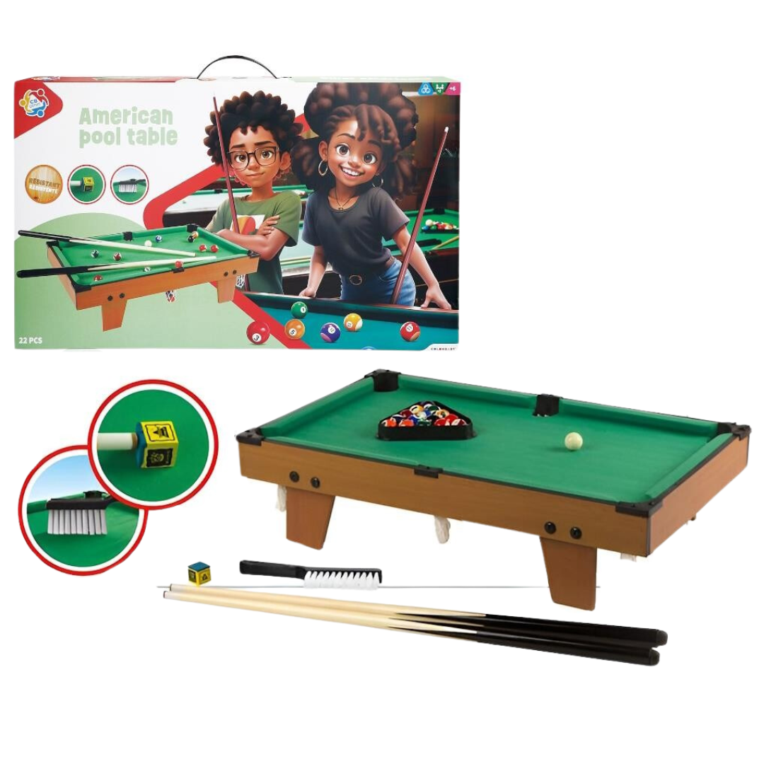 Mesa de bilhar americana com acessórios e embalagem ilustrada