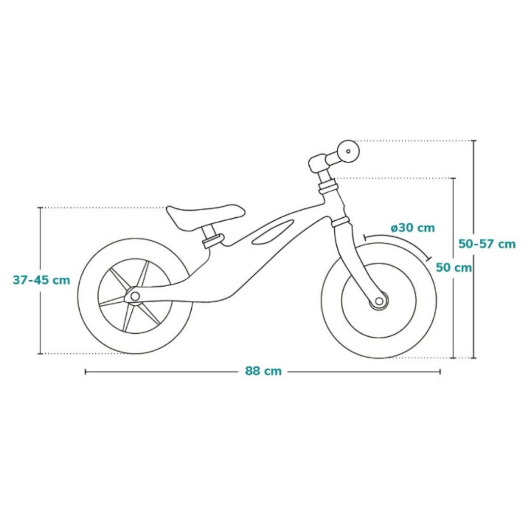 Desenho técnico de bicicleta sem pedais para crianças com medidas em centímetros