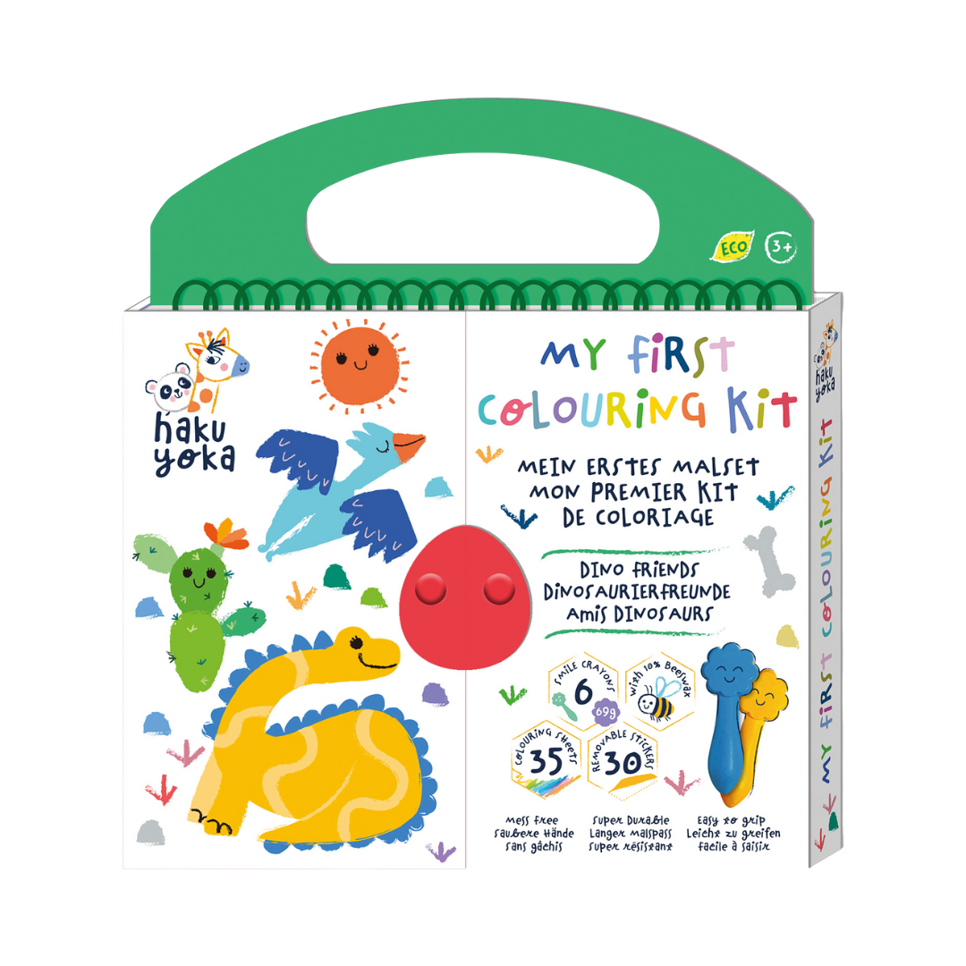 Kit de coloração infantil com desenhos de dinossauros e sol e textos coloridos na embalagem