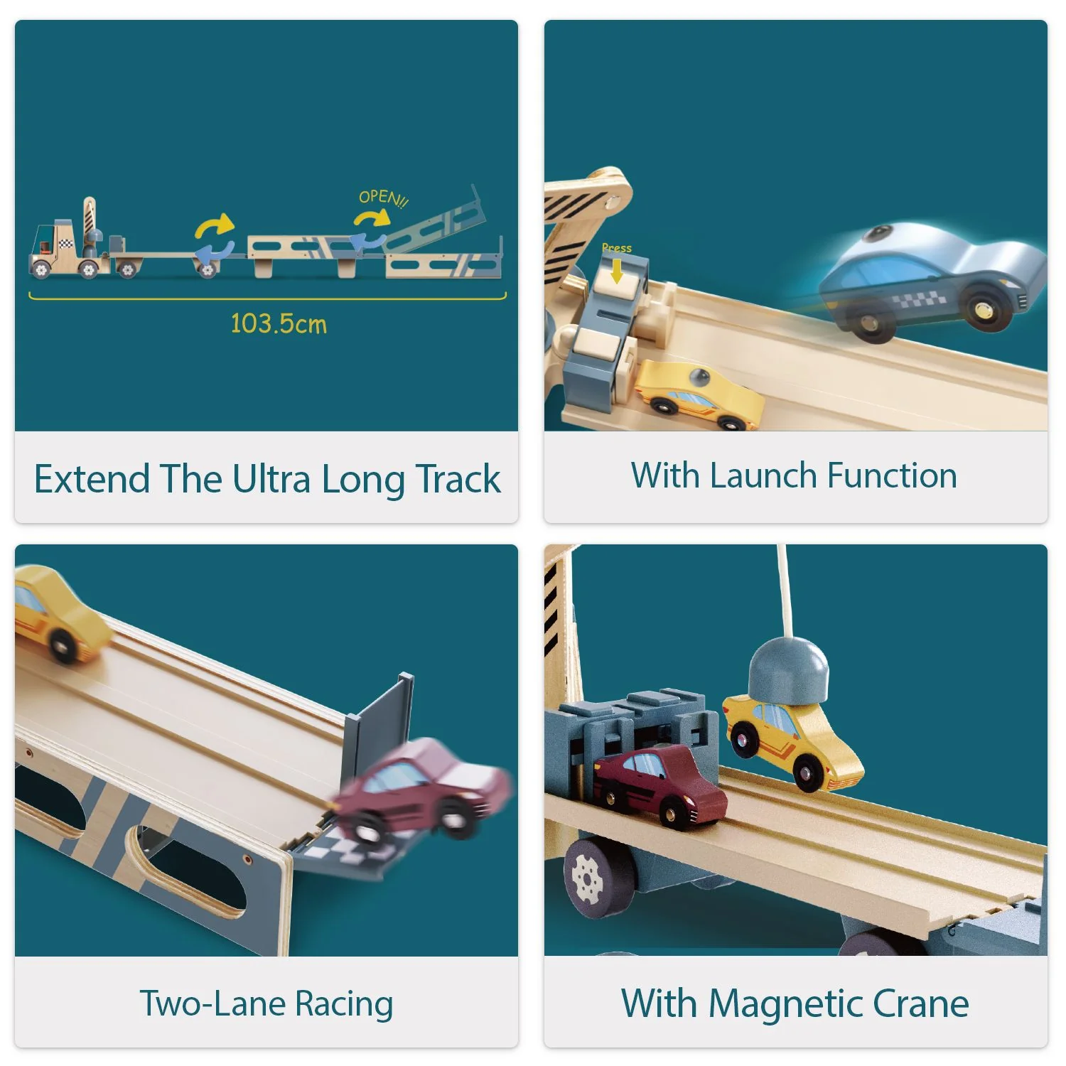 Pista de corrida de madeira com carros e funções de lançamento, grua magnética e duas pistas