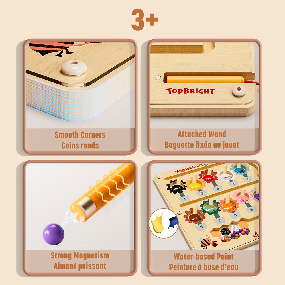 Detalhes de um brinquedo educativo de madeira com cantos lisos, vareta magnética amarela, bola roxa magnetizada e tabela de cores com pintura à base de água, indicado para maiores de 3 anos.
