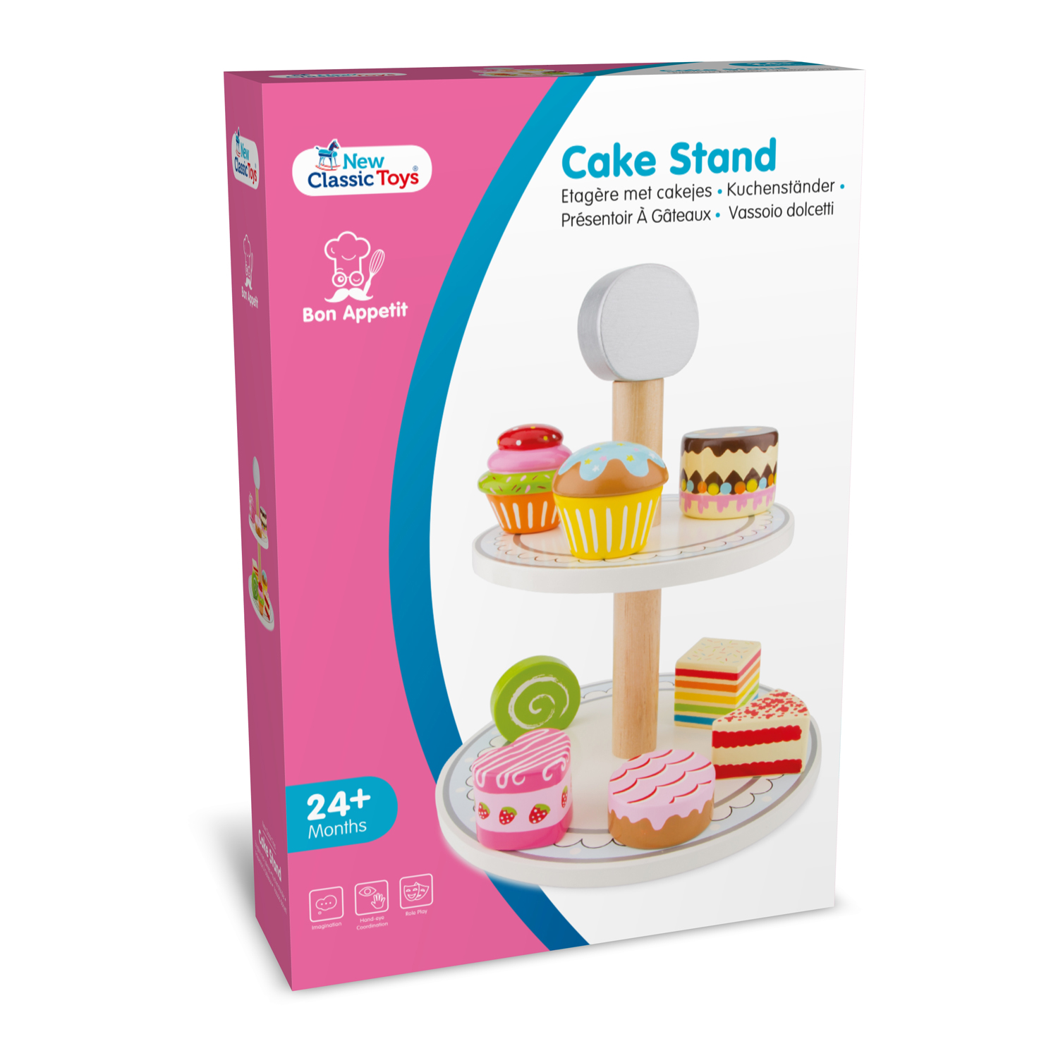 Brinquedo Cake Stand de madeira com bolos coloridos na embalagem