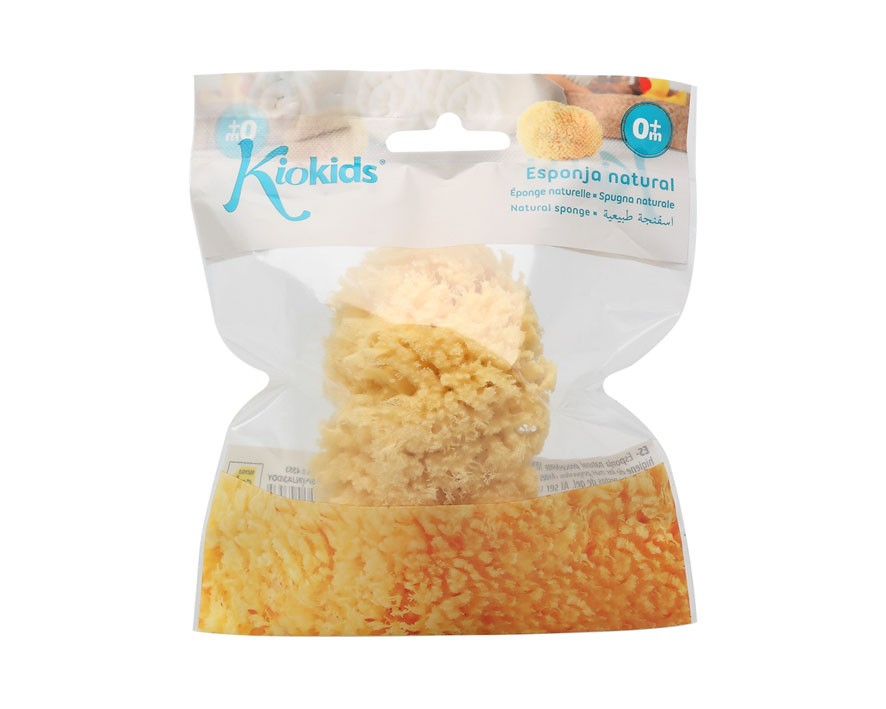 Esponja natural amarela Kiokids em embalagem plástica