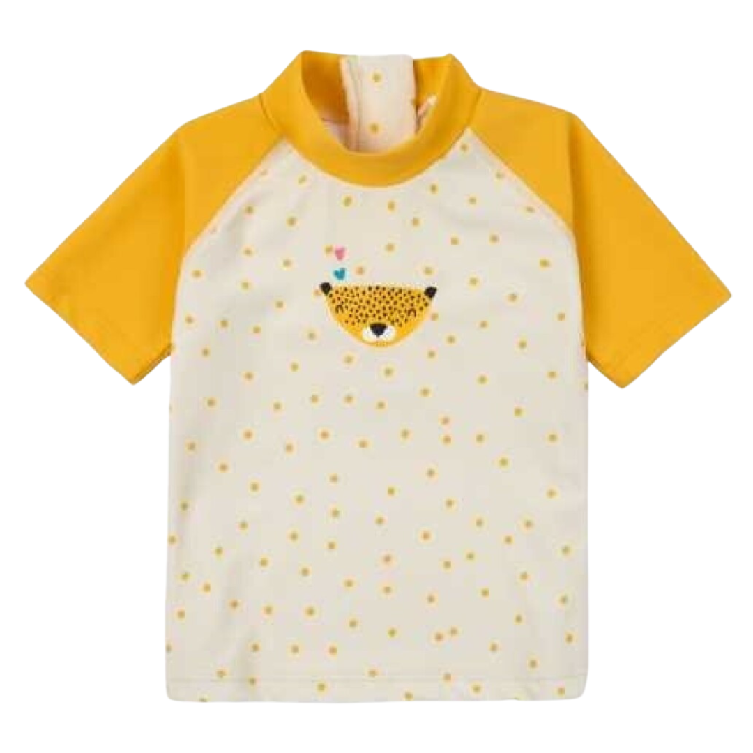 Camisola de bebé amarela e creme com padrão de bolinhas e leopardo