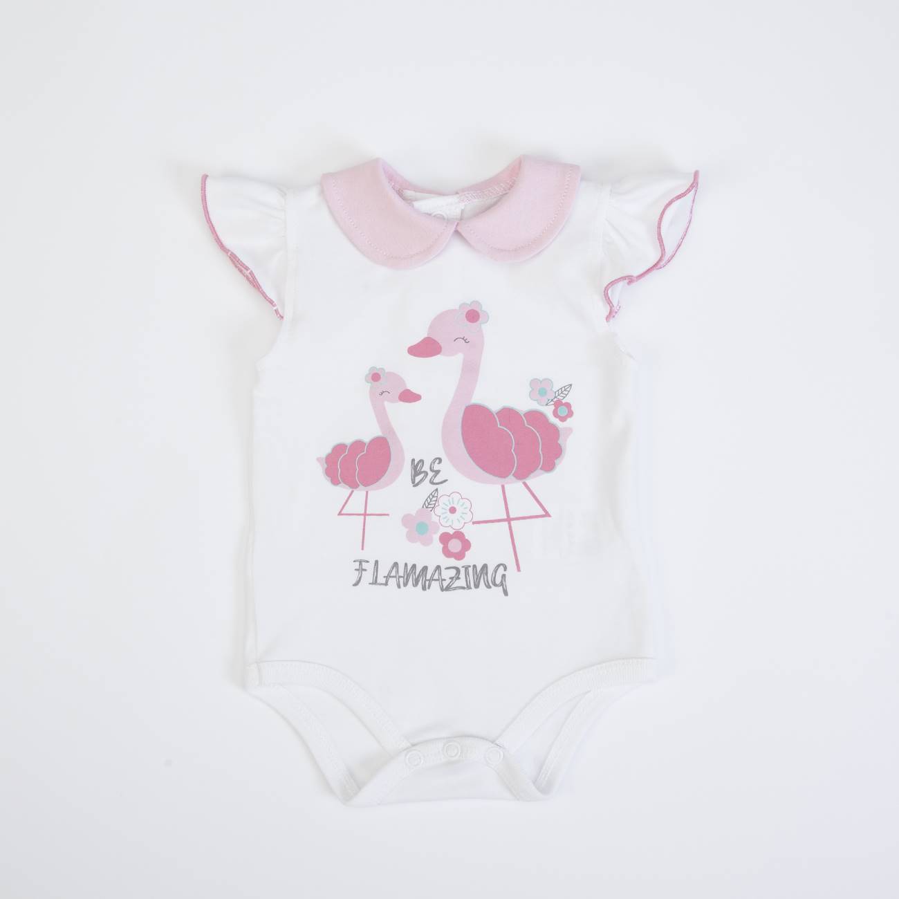 Body de bebé branco com flamingos cor-de-rosa e gola rosa