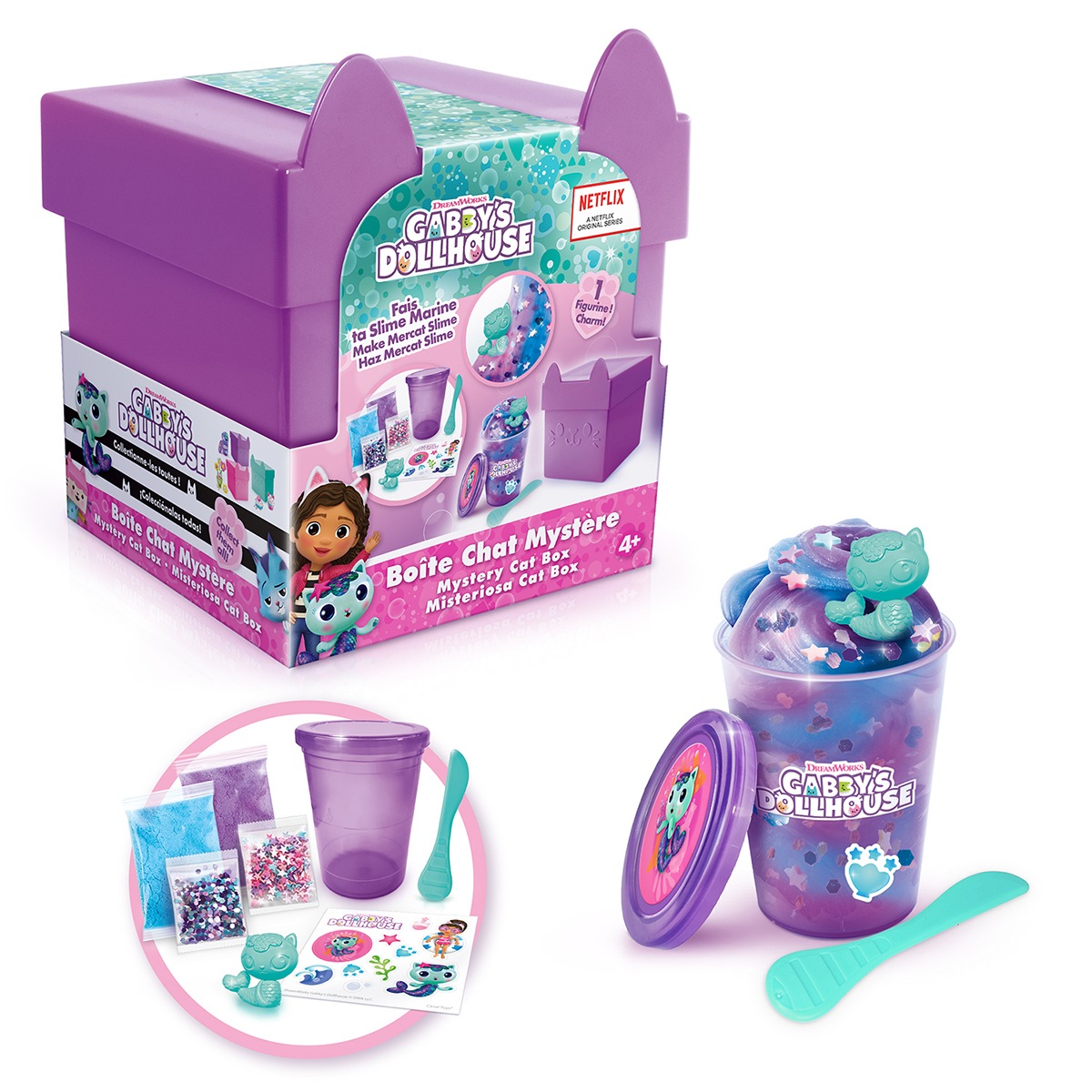 Conjunto Mystère Chat Box Gabbys Dollhouse com slime e acessórios em caixa roxa com orelhas de gato.