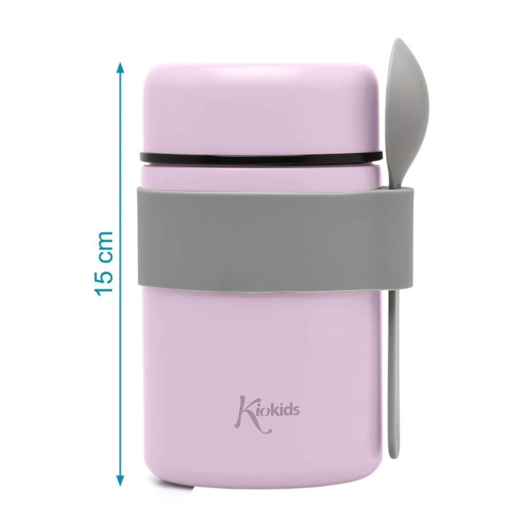 Recipiente para comida de criança lilás com faixa de silicone e colher cinzenta