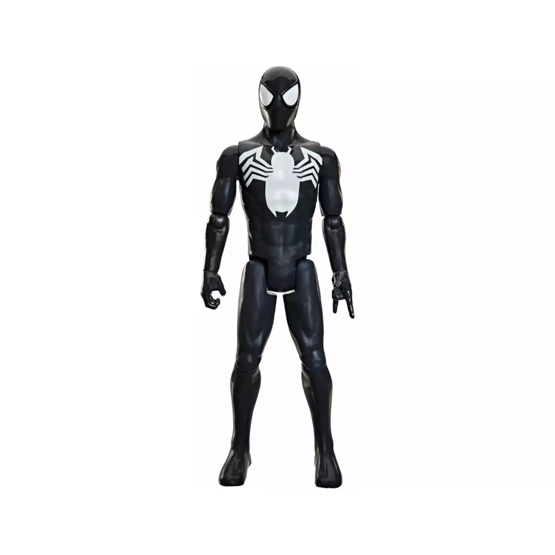 Figura de ação do Homem-Aranha em fato preto com símbolo branco