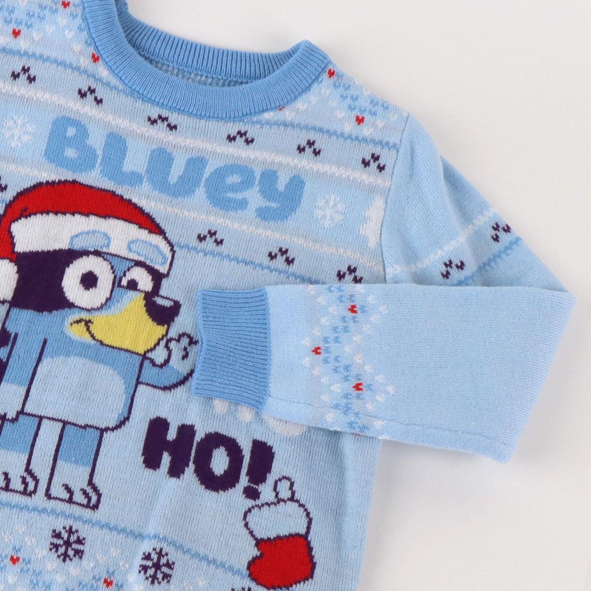 Camisola azul com personagem Bluey e frases festivas