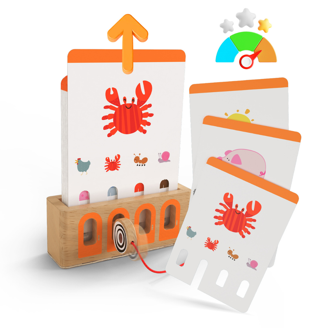 Jogo educativo de cartas com animais em base de madeira