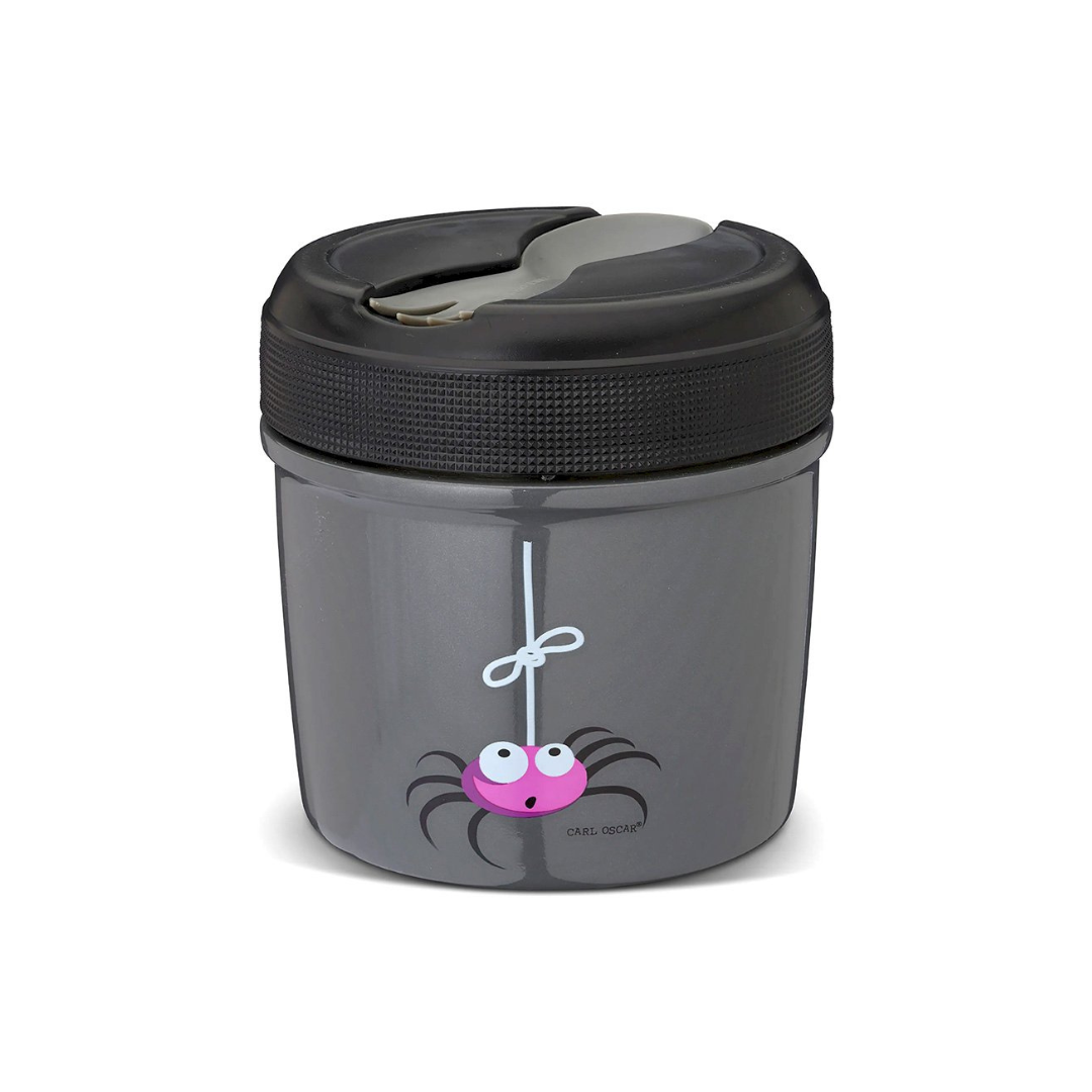 Recipiente cinzento com tampa preta e desenho de aranha sorridente