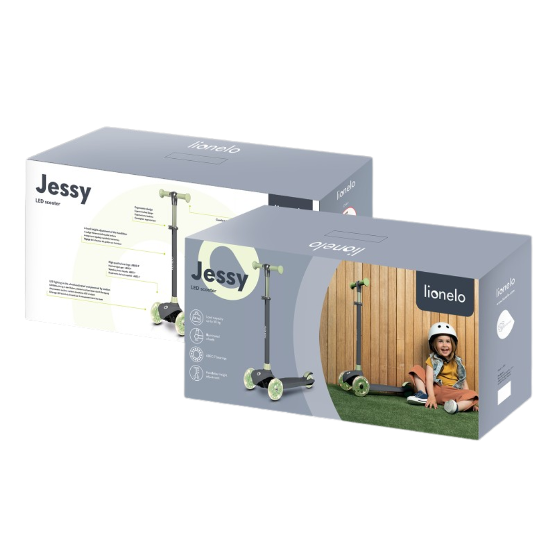 Caixas de trotinetes Lionelo Jessy cinzentas com foto de criança ao lado