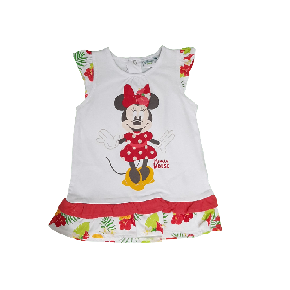 Camisola infantil branca com estampa da Minnie Mouse e detalhes florais vermelhos e verdes.