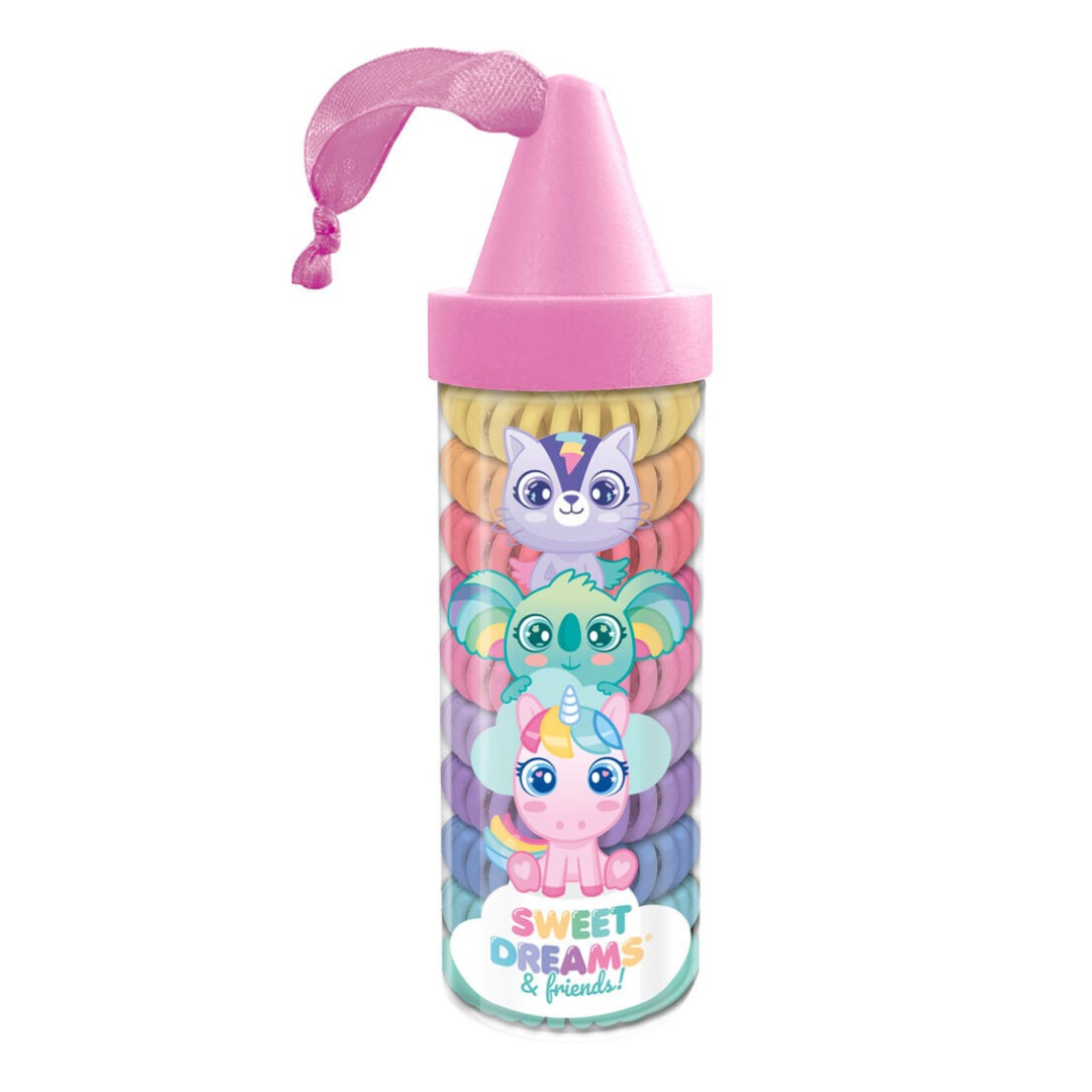 Frasco transparente com tampa rosa e pulseiras elásticas coloridas decorado com três personagens animados