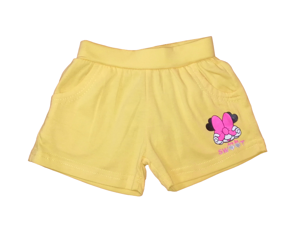 Calções amarelos para criança com padrão colorido e texto SWEET