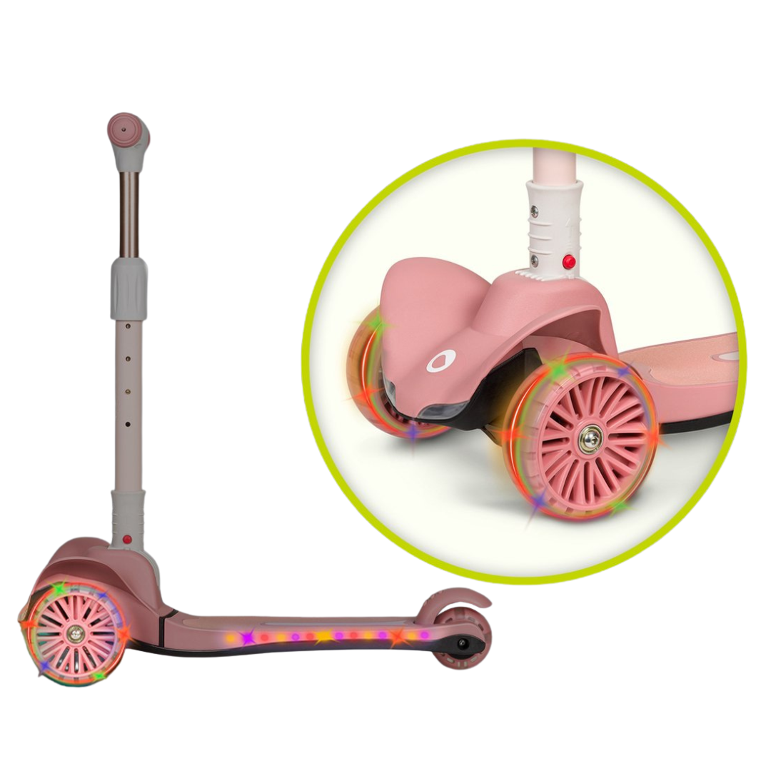 Trotinete infantil cor-de-rosa com rodas iluminadas multicoloridas e plataforma com luzes LED