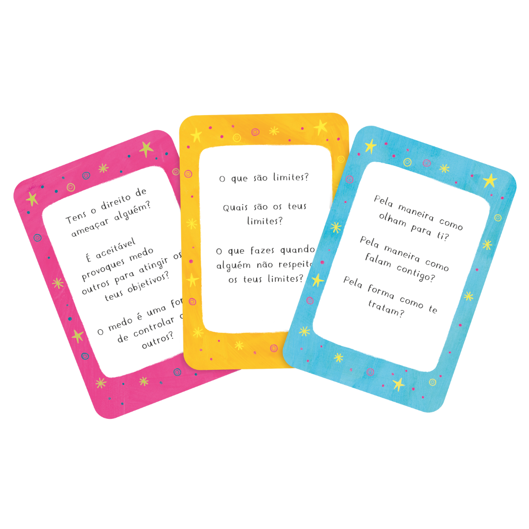 Três cartas coloridas com perguntas em português sobre limites pessoais