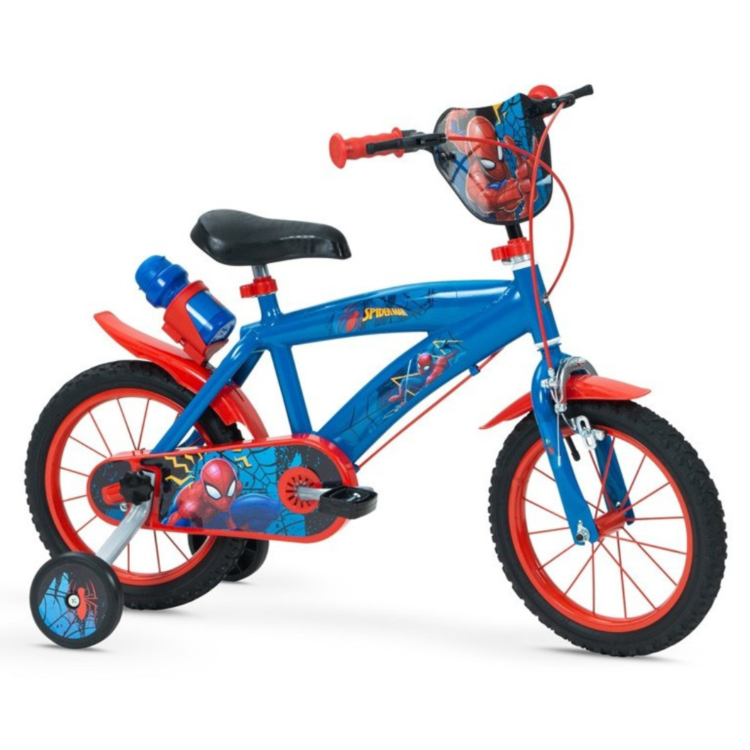 Bicicleta infantil azul e vermelha com tema Spider-Man e rodinhas laterais