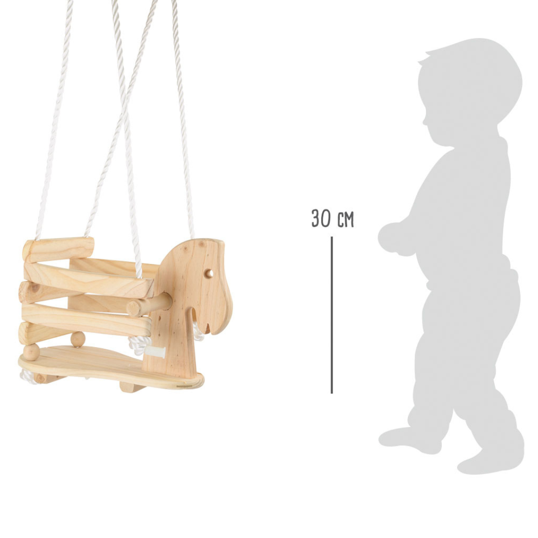 Balanço infantil de madeira com cordas e escala de 30 cm ao lado de silhueta de criança
