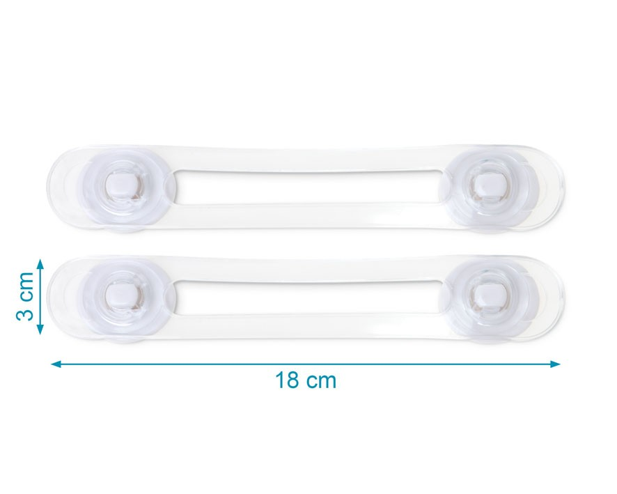 Dois protetores de segurança para armários em plástico branco e transparente com medidas indicadas.