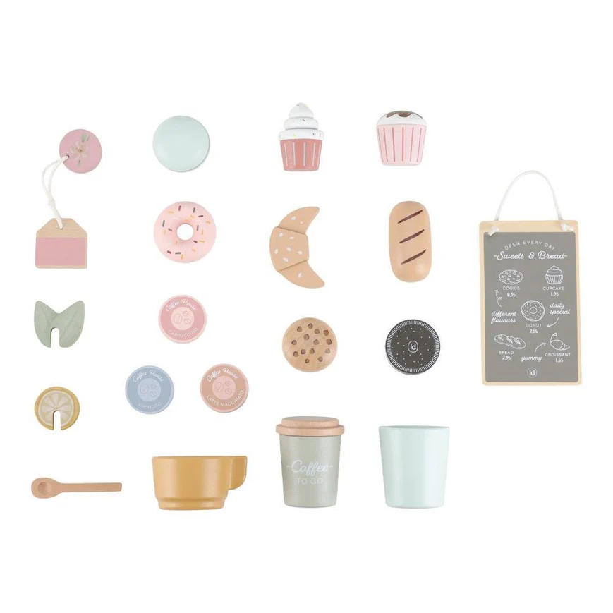 Miniaturas em madeira de café e pastelaria em cores pastel com placa cinza de texto