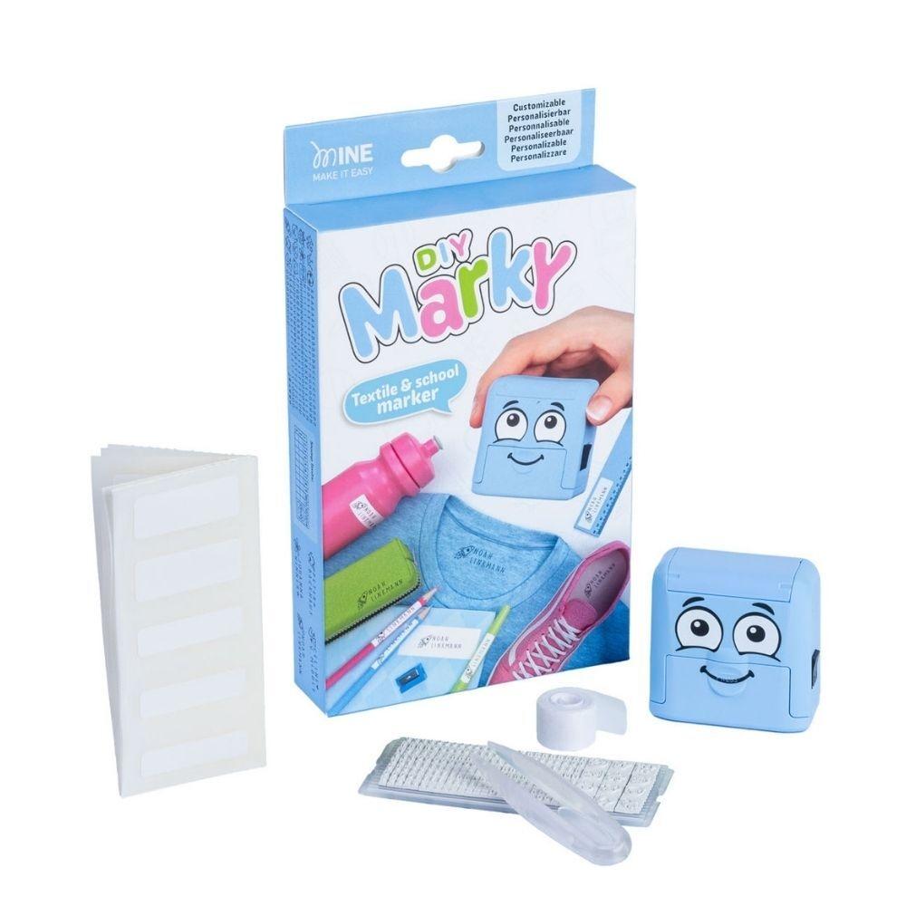 Conjunto para marcar têxteis com marcador azul claro e etiquetas adesivas