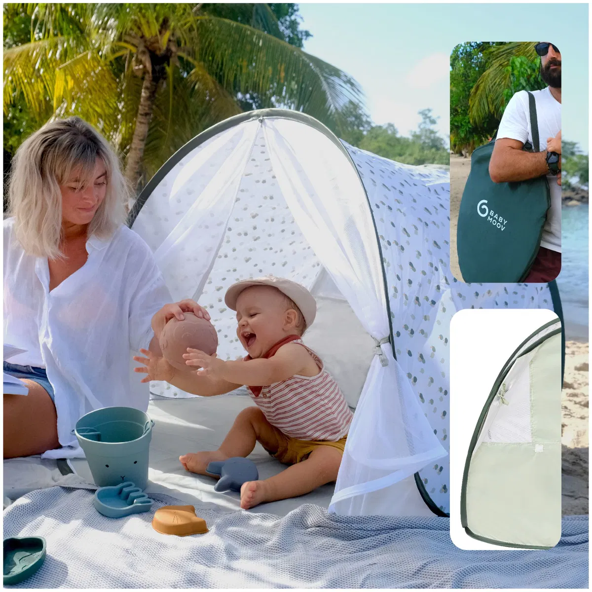 Tenda de bebé branca com padrão verde e saco de transporte BABY MOOV