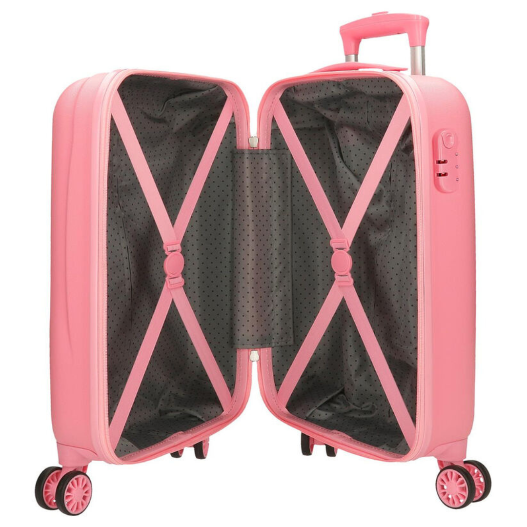 Mala de viagem rígida cor-de-rosa aberta mostrando interior cinzento com padrão de pequenos pontos.