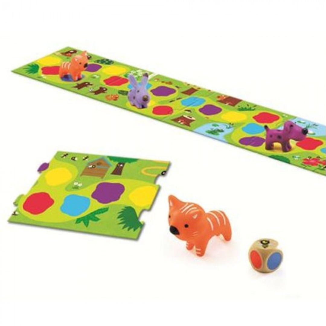 Jogo infantil com tabuleiro dobrável, figuras de animais e dado colorido