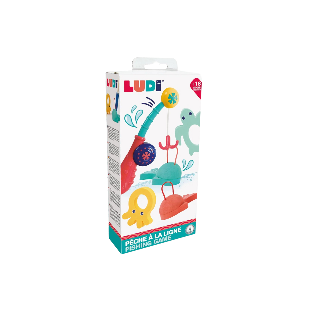 Embalagem de jogo de pesca LUDI com vara e peixes coloridos.