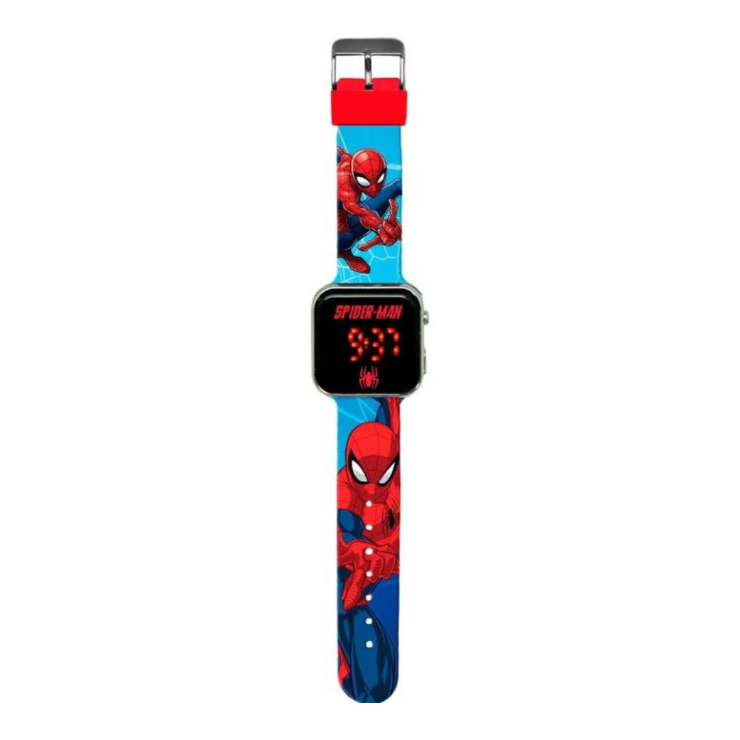 Relógio digital infantil Homem-Aranha azul e vermelho com bracelete decorado.