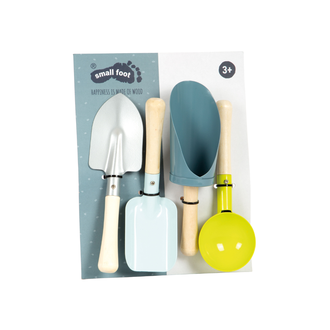 Conjunto de ferramentas de jardim para crianças com cabos de madeira e cabeças coloridas