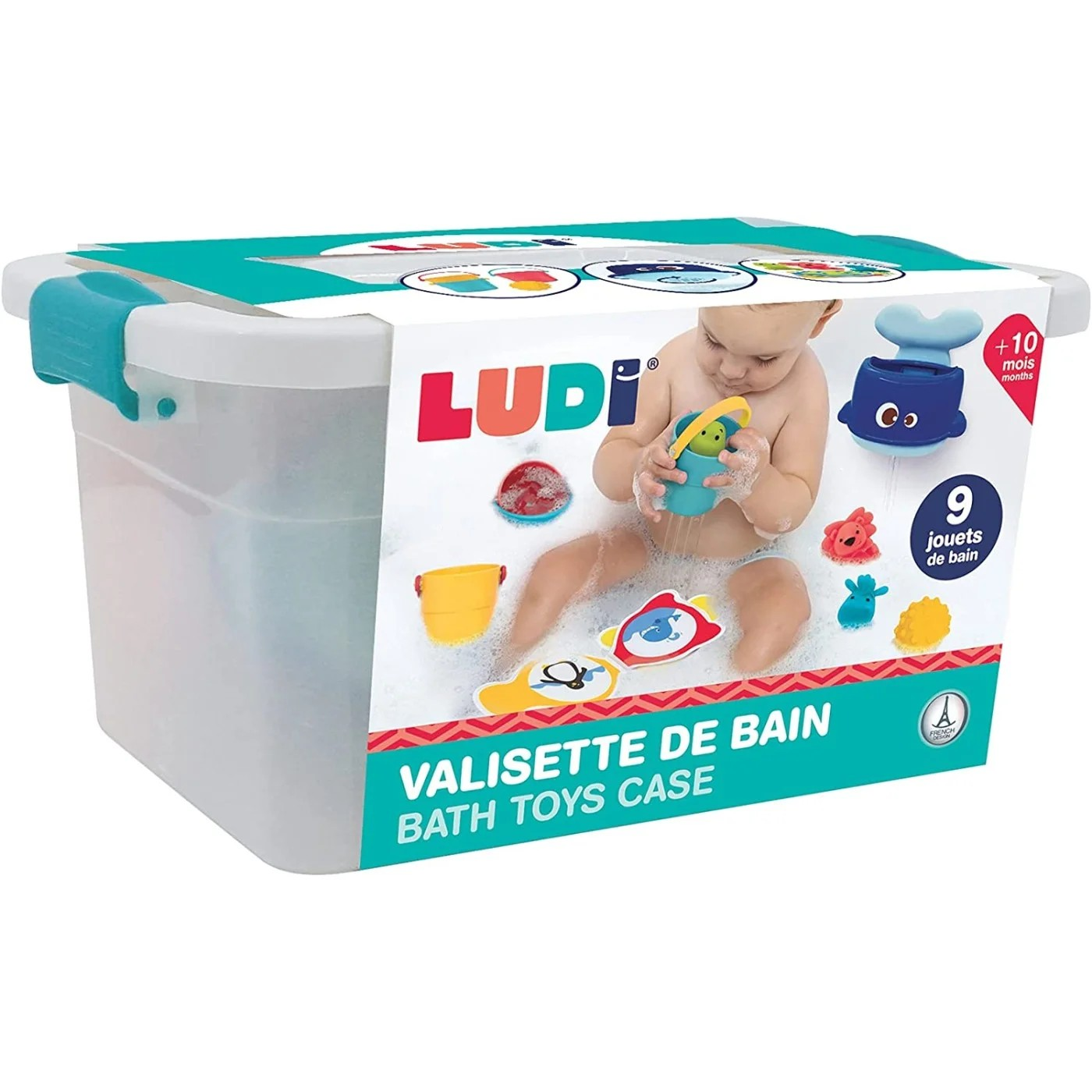 Caixa transparente com tampa azul contendo brinquedos de banho para bebés da marca LUDI.