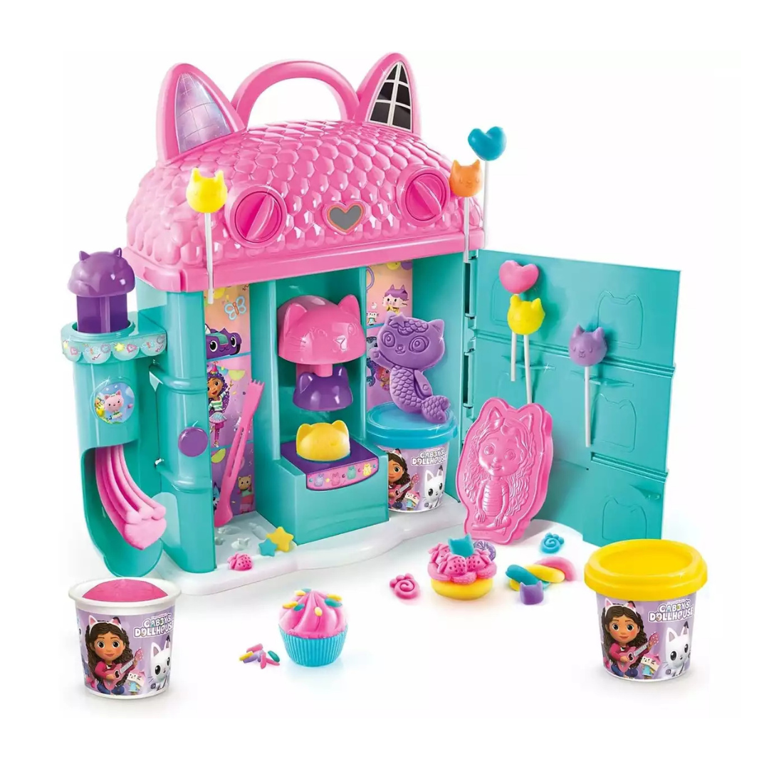 Casa de brincar de plástico colorida com tema de gato e acessórios para crianças