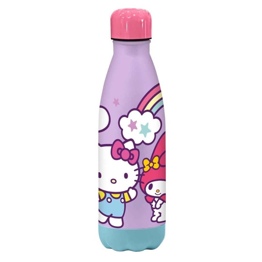 Garrafa de água metálica lilás com personagens Hello Kitty e My Melody