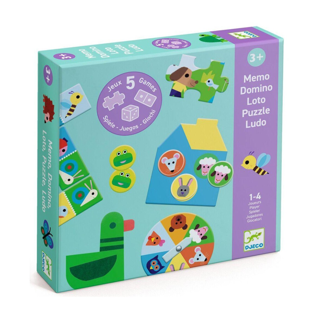 Conjunto de jogos infantis Djeco com várias peças coloridas e embalagem azul e lilás