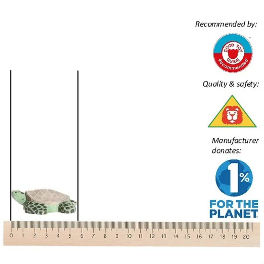 Figura decorativa tartaruga verde e bege ao lado de régua em fundo branco com texto e logotipos