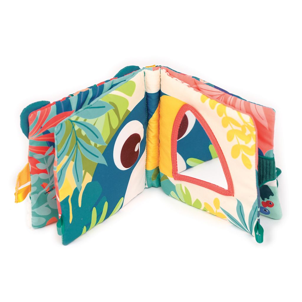 Livro de tecido colorido para bebés com espelho triangular e padrão de folhas