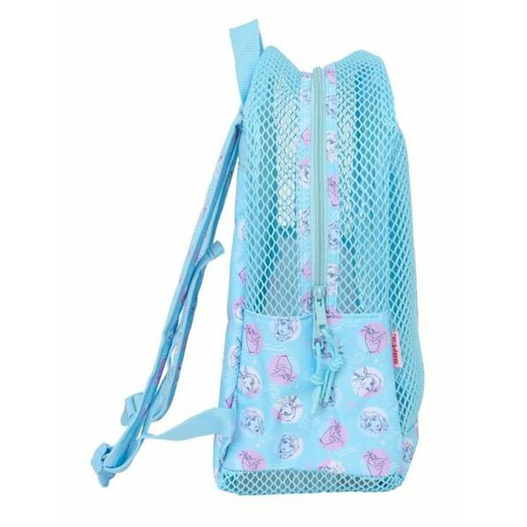 Mochila azul clara com padrão de personagens de desenhos animados e fechadura de correr