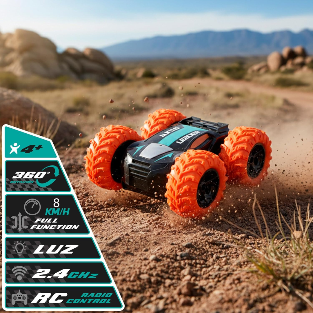 Carro de controlo remoto todo-o-terreno preto e azul com pneus laranja em terreno de terra