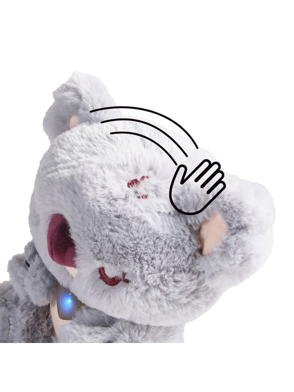 Pelúcia macia cinzenta com olhos vermelhos fechados e luz azul no pescoço