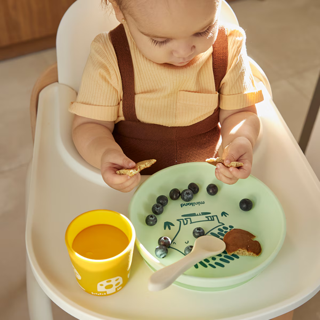 Criança com prato verde e copo amarelo para bebé num babá branco