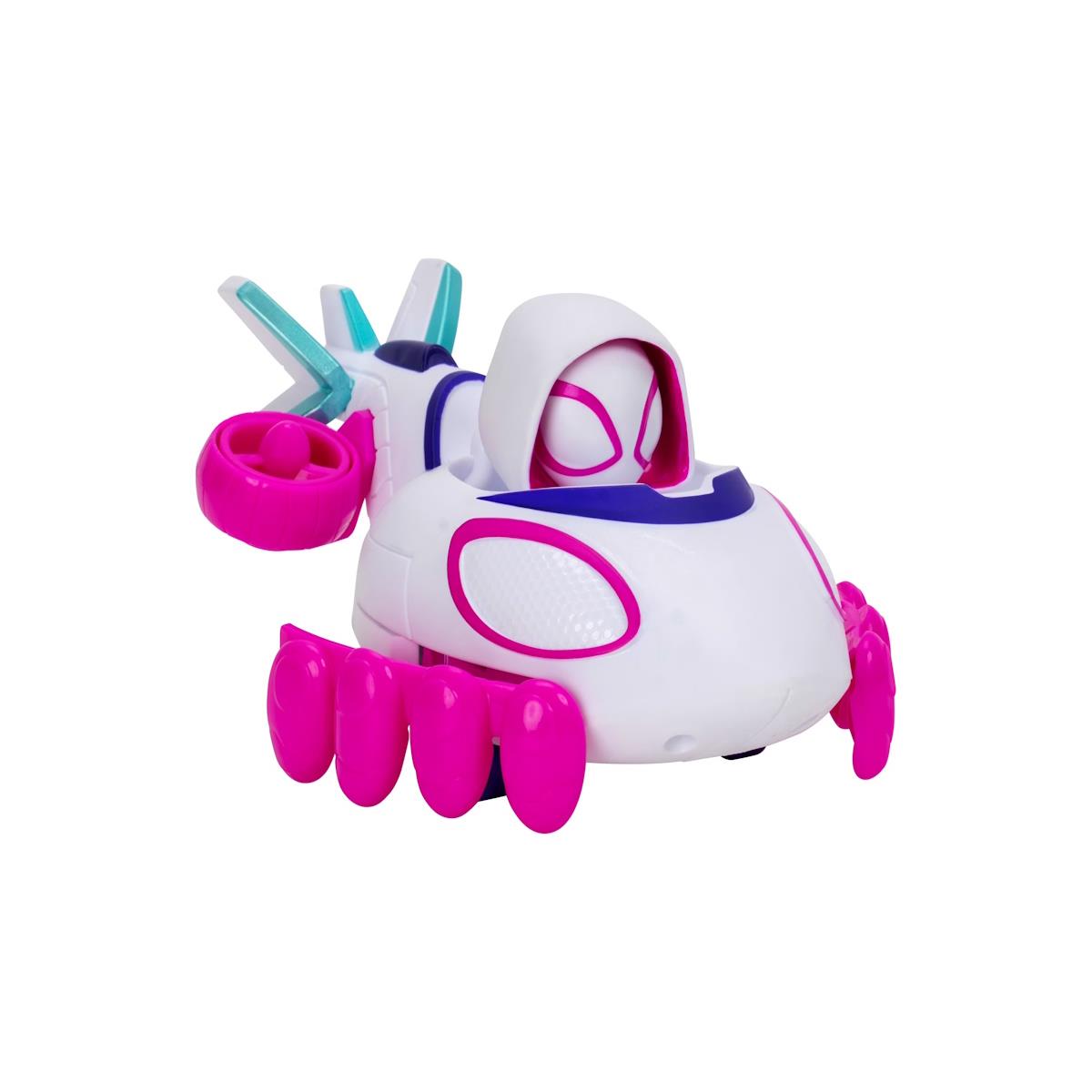 Brinquedo de figura e veículo futurista branco e rosa em fundo branco