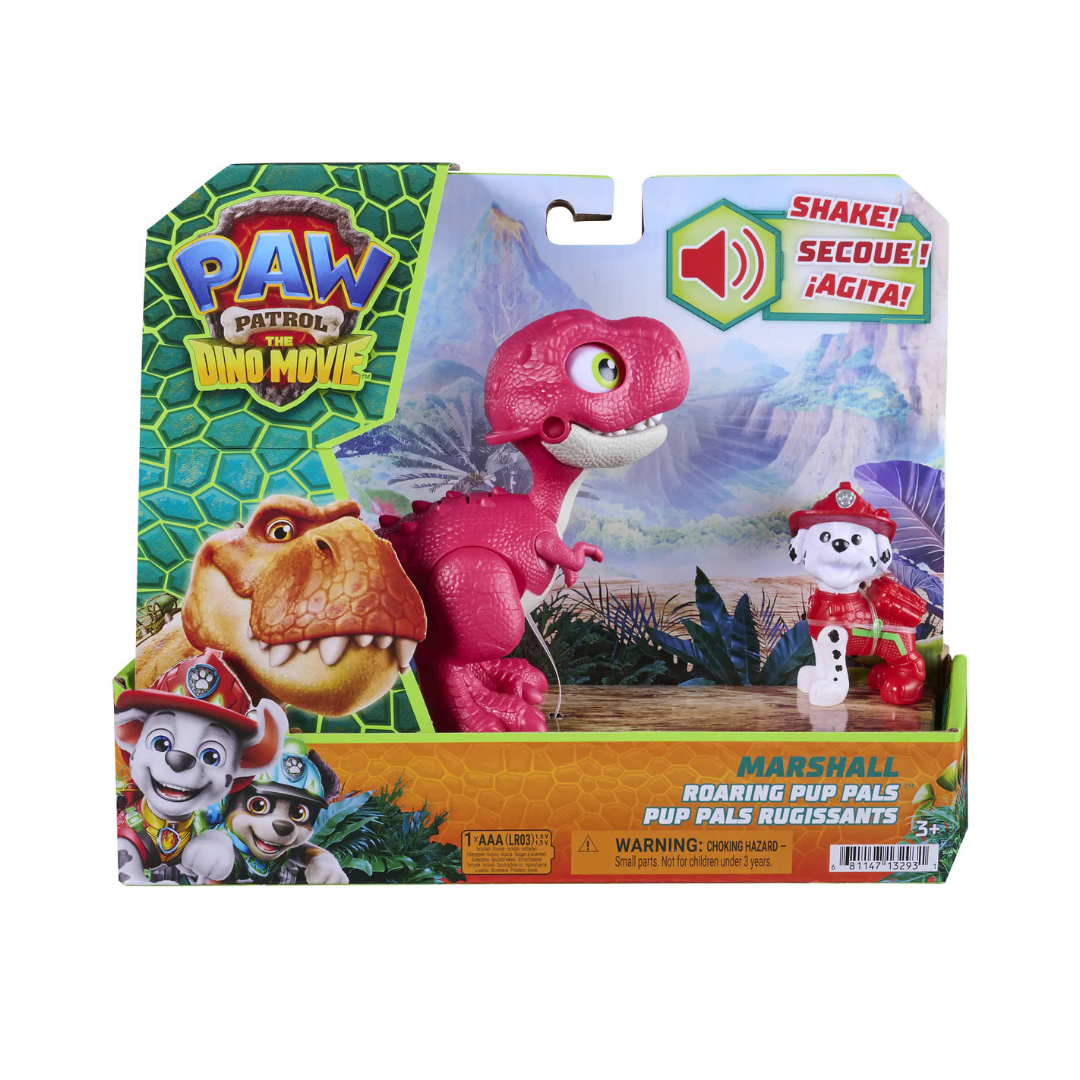 Brinquedo Marshall Patrulha Pata versão dinossauro em caixa colorida.