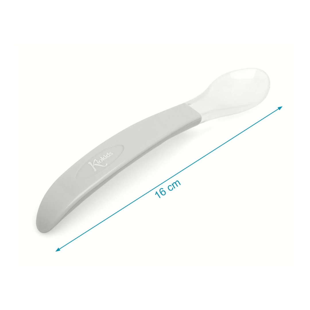 Colher de bebé cinzenta e transparente com logo Kiokids
