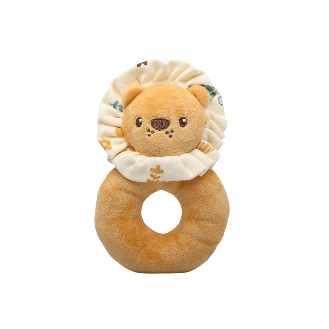 Brinquedo de peluche leão castanho claro com anel e juba estampada
